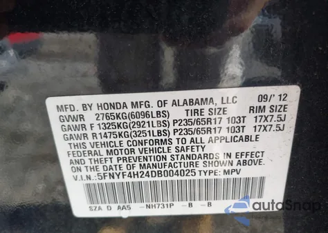 2013 Honda Pilot Lx from USA, damaged, VIN 5FNYF4H24DB004025
